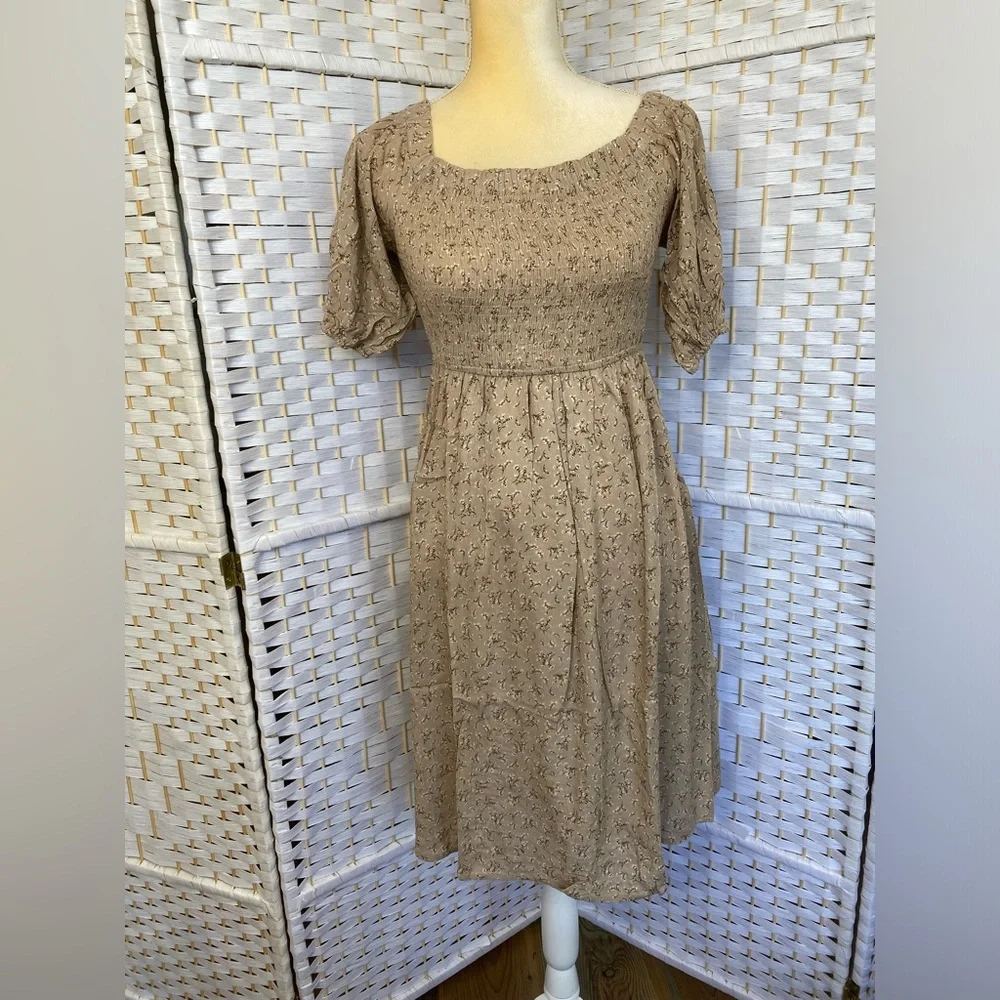 NWT Hem & Thread Taupe Floral Off Shoulder Puff Sleeve MIDI Dress size S - Picture 7 of 15